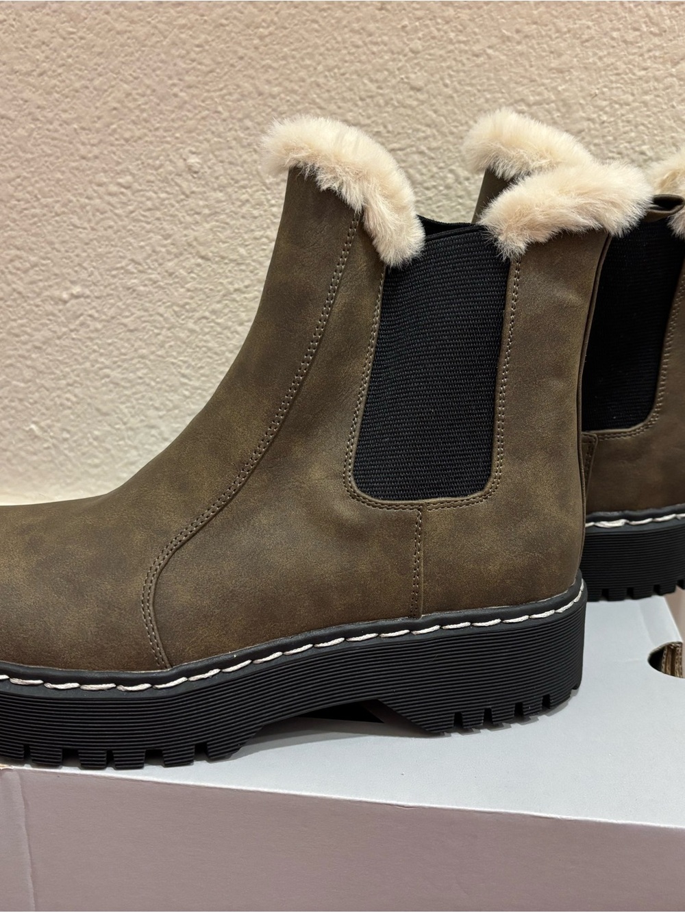 Faux Fur Trim Chelsea Booties in Olive with Lug Sole